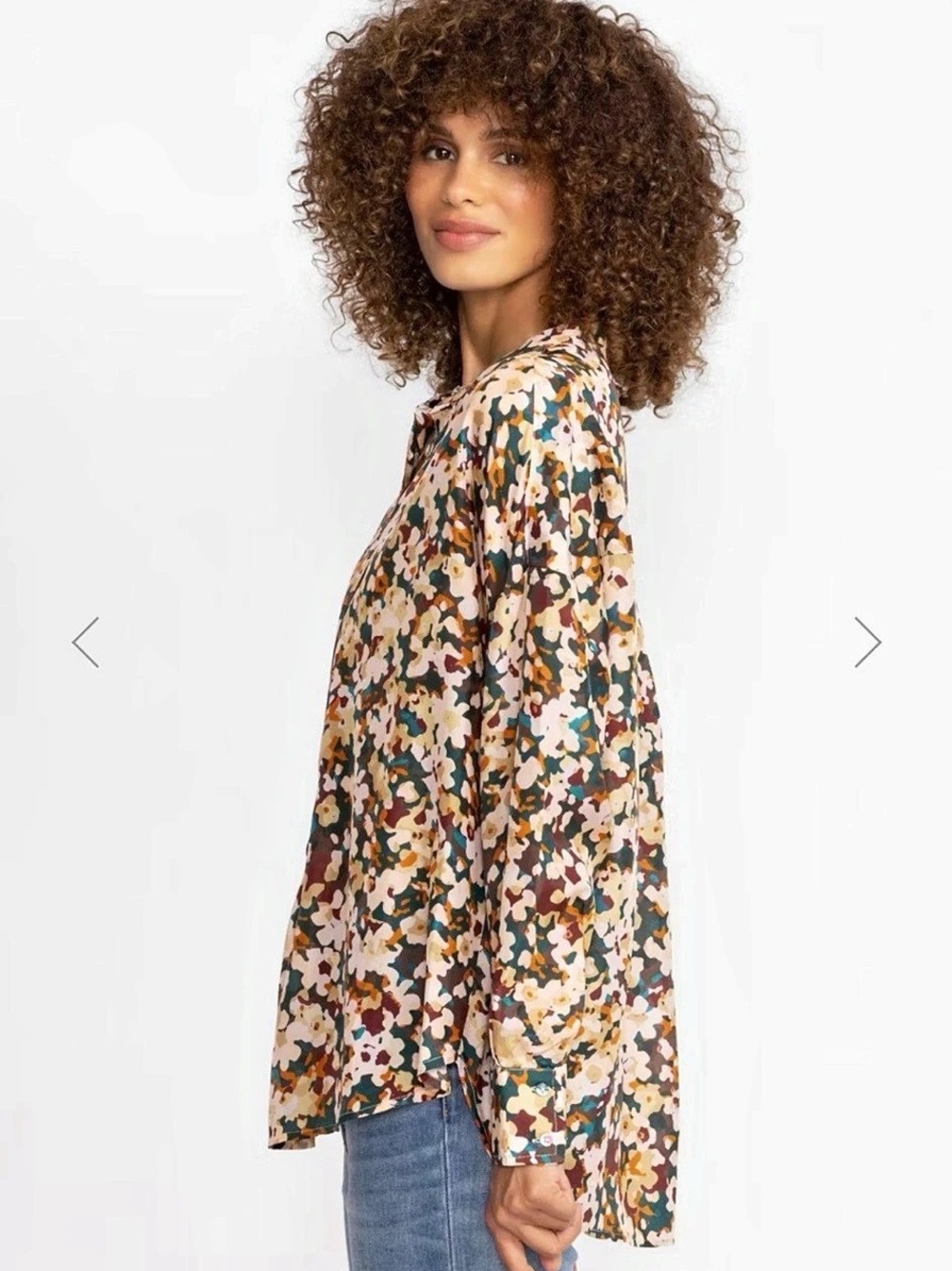Johnny Was Calme Silk 1/2 Half Button Down Blouse in Floral Brown & Green New - Picture 3 of 10